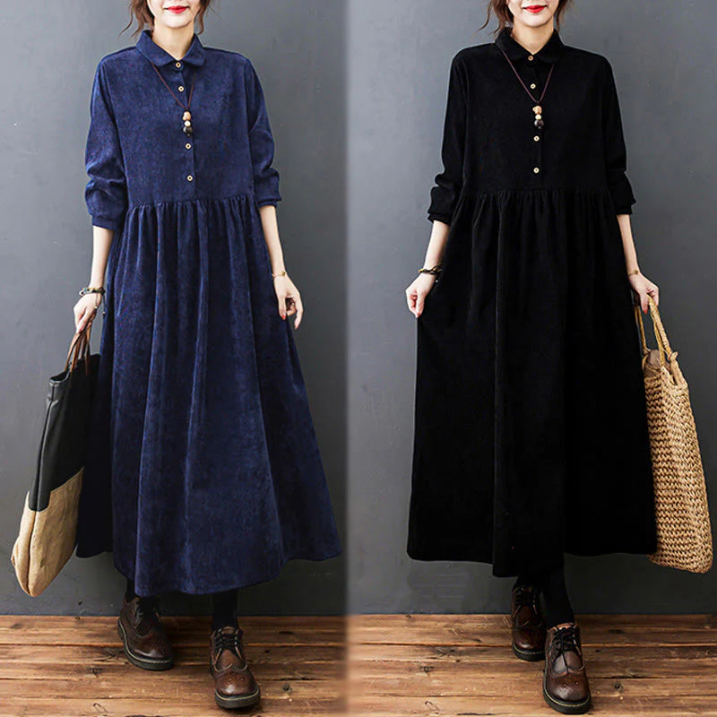 Buddha Stones Fall Buttons Design Long Sleeve Cotton Corduroy Midi Dress With Pockets