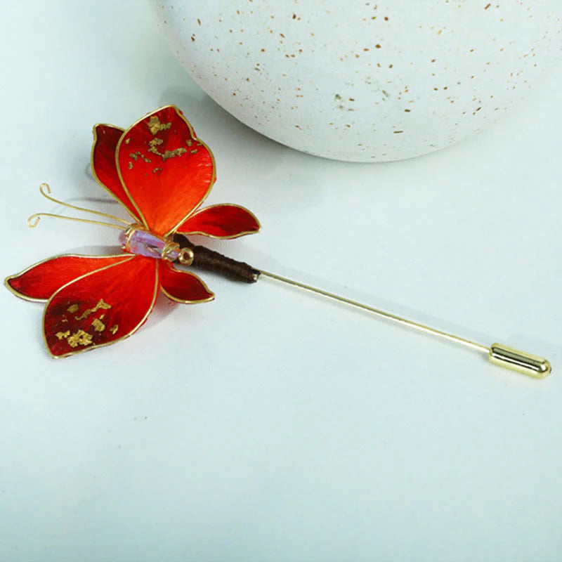 Buddha Stones Handcrafted Silk Art Velvet Flower Red Butterfly Brooch