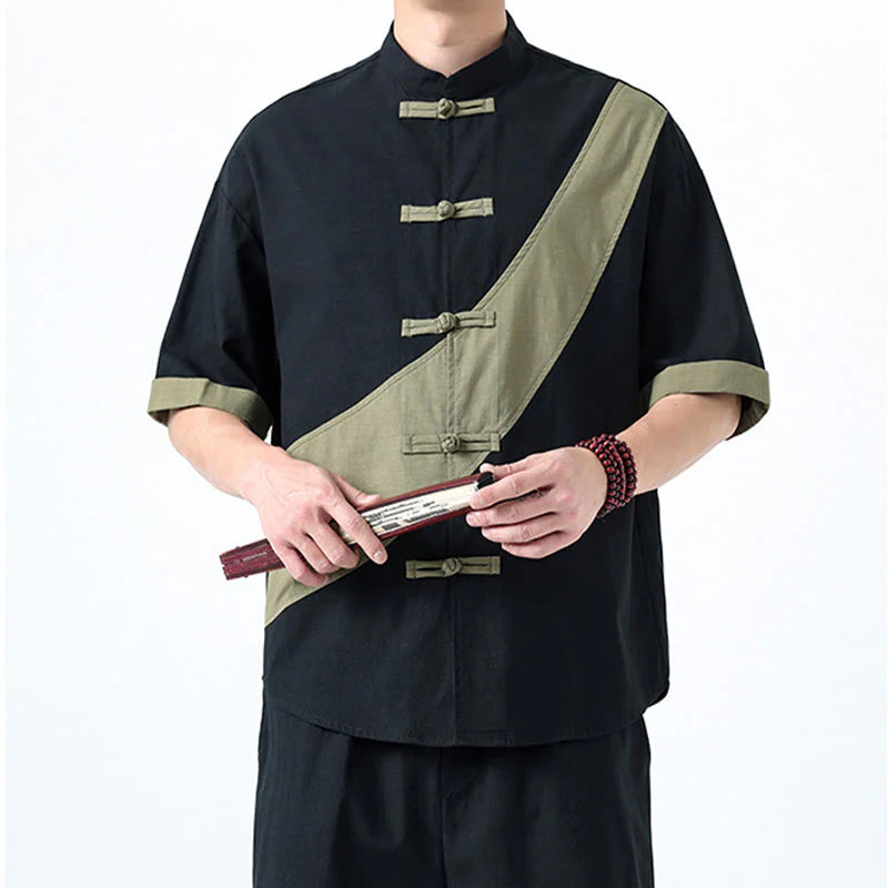 Buddha Stones Spring Color Contrast Chinese Frog-Button Design Men's Half Sleeve Cotton Linen Shirt