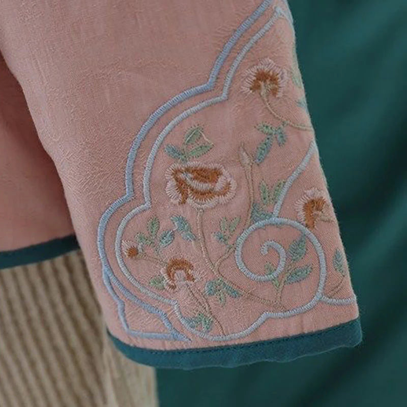 Buddha Stones Winter Frog-Button Embroidery Flowers Vines Open Front Cotton Long Sleeve Women's Thermal Jacket
