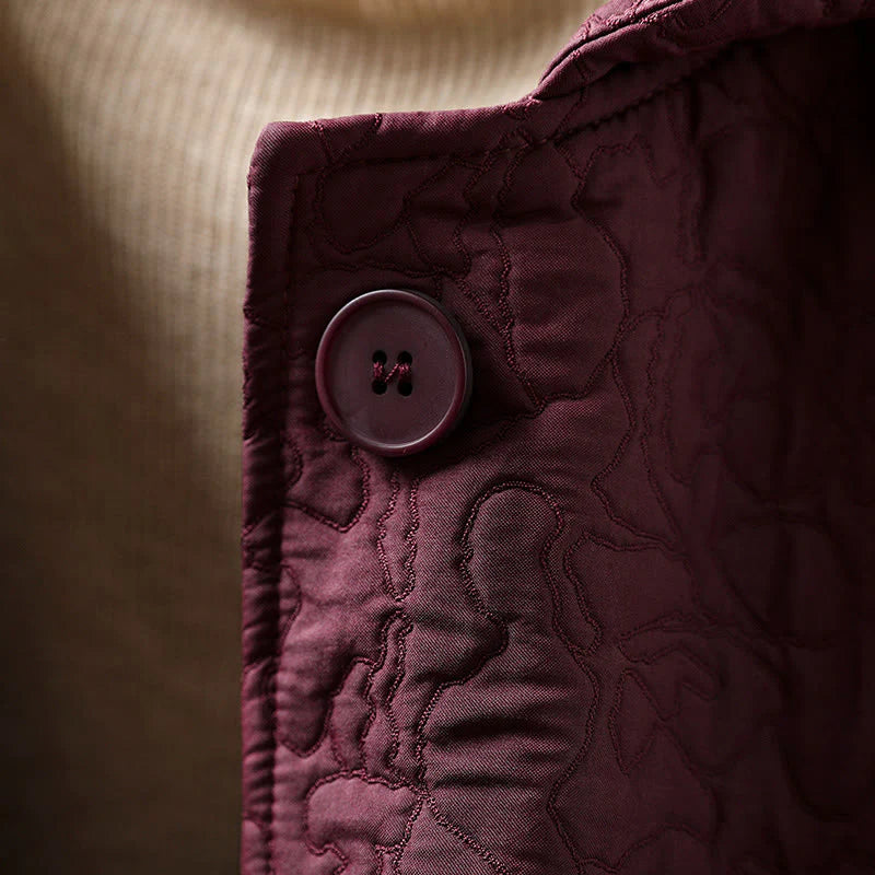 Buddha Stones Fall Buttons Long Sleeve Mid-length Jacquard Cotton Women's Jacket With Pockets