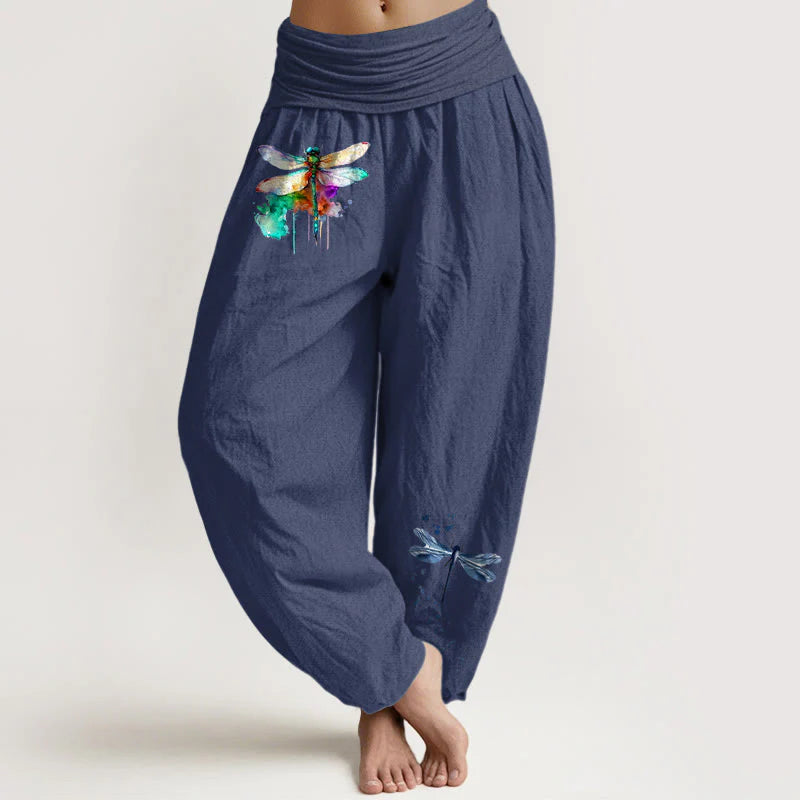Buddha Stones Pure Cotton Dreamy Dragonfly Pattern Women's Elastic Waist Harem Pants