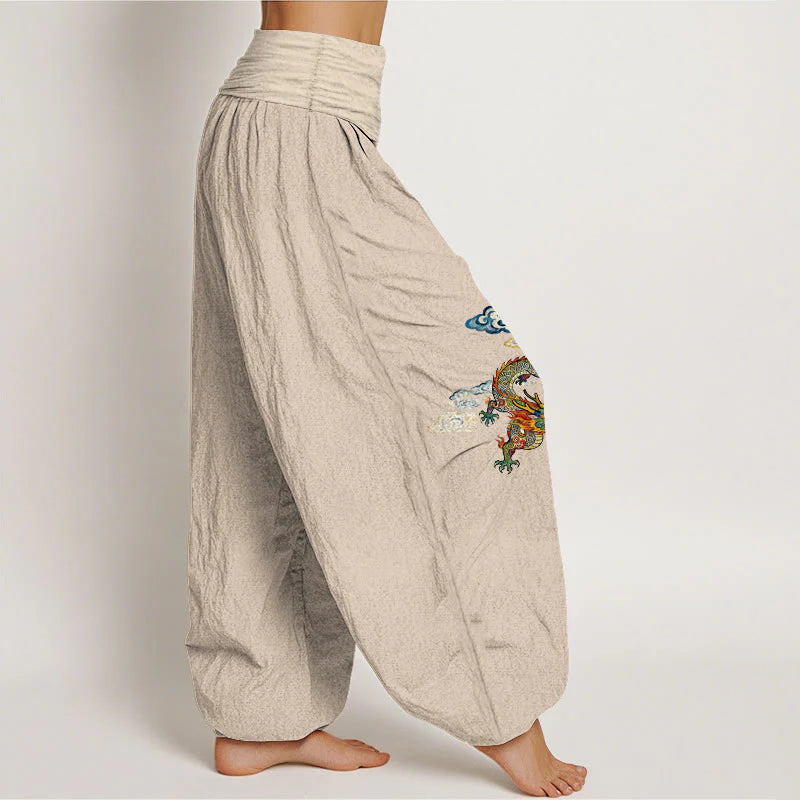 Buddha Stones Pure Cotton Colorful Dragon Cloud Pattern Women's Elastic Waist Harem Pants