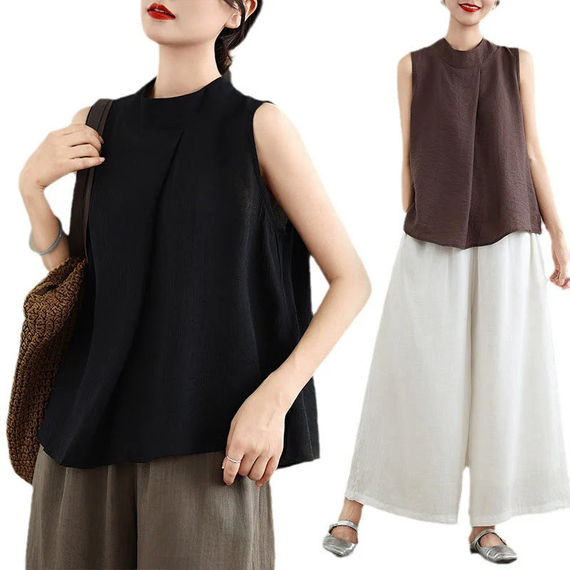 Buddha Stones Casual Plain Back Buttom Design Stand Collar Cotton Linen Women's Sleeveless Vest