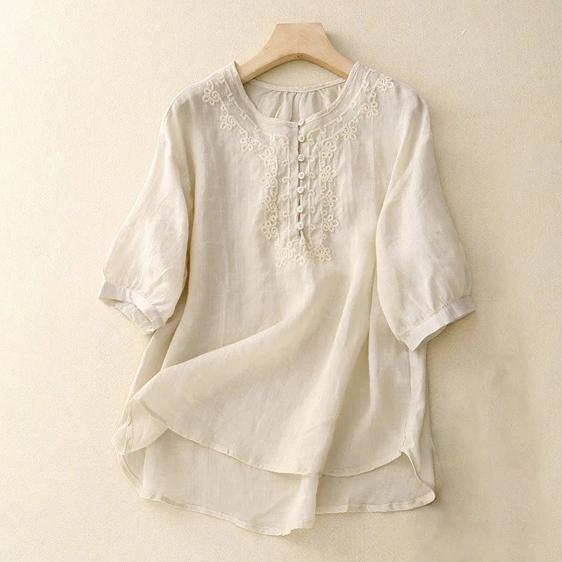 Buddha Stones Casual Women's Plain Frog Buckle Design Half Sleeve Shirt
