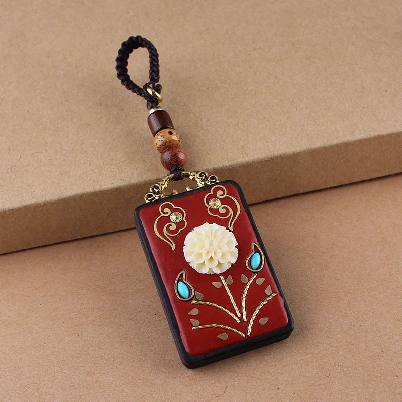 Buddha Stones Ebony Flower Koi Fish Fu Character Button Rope Key Chain