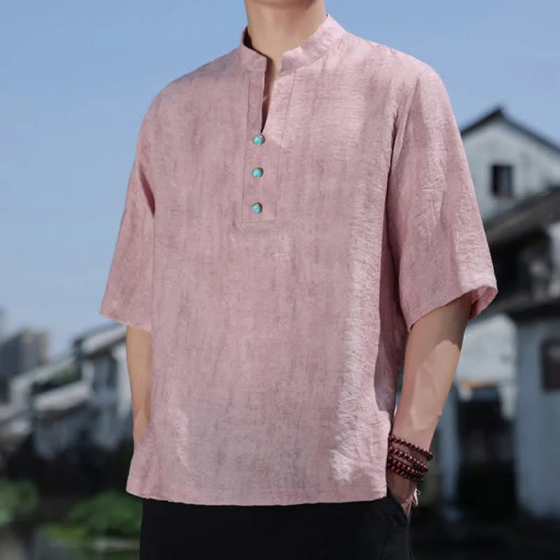 Buddha Stones Summer Dai Ethnic Short Sleeve Men's Notched Collar Button T-Shirt