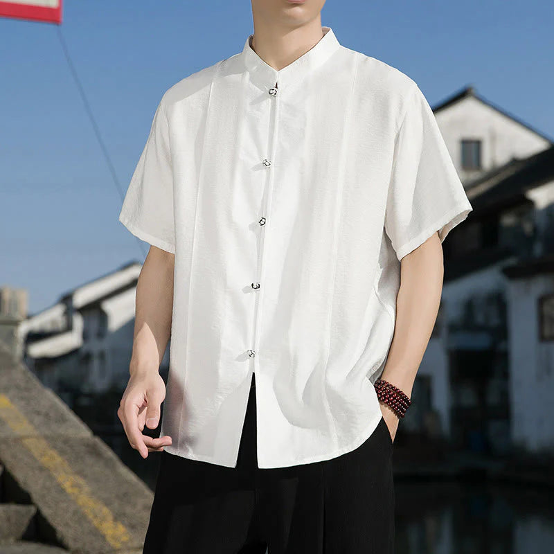 Buddha Stones Summer Solid Color Front Button Design Men's Half Sleeve Cotton Shirt