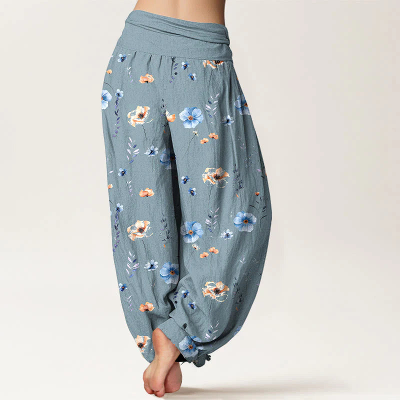 Buddha Stones Cotton Fresh Refined Flower Pattern Women's Elastic Waist Harem Pants