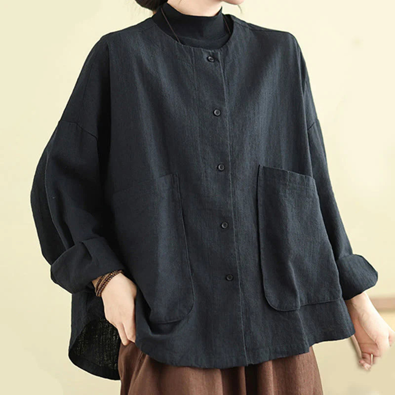 Buddha Stones Plain Design Long Sleeve Women's Cotton Linen Jacket With Pockets