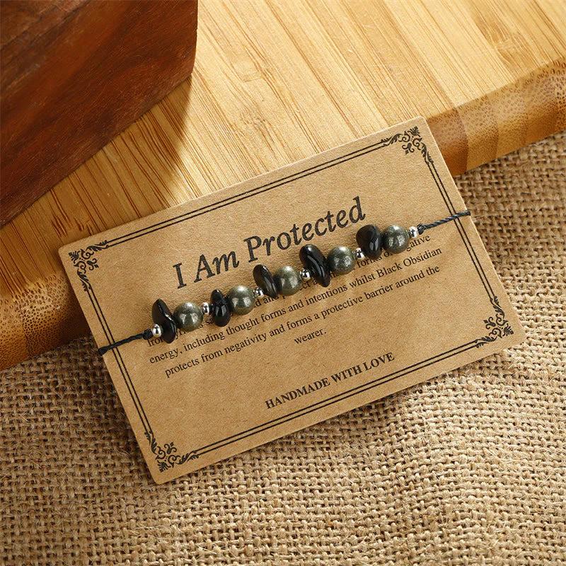 Buddha Stones I Am Protected Iron Pyrite Black Obsidian Fulfillment Bracelet