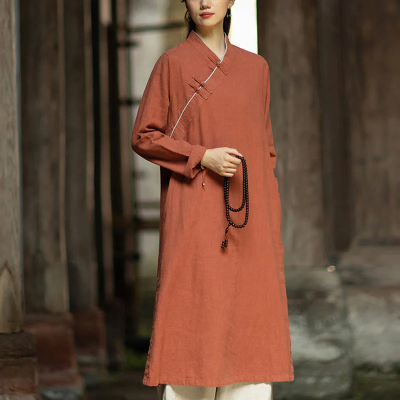 Buddha Stones Solid Frog-Button Long Sleeve Ramie Linen Midi Dress Cheongsam With Pockets