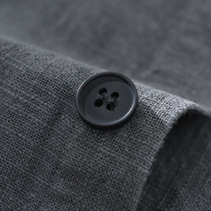 Buddha Stones Men's Fall Plain Ramie Cotton Long Sleeve Lapel Shirt With Pockets