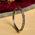 Vintage Tang Dynasty Flower Design Engraved Red Agate Copper Luck Bracelet Bangle