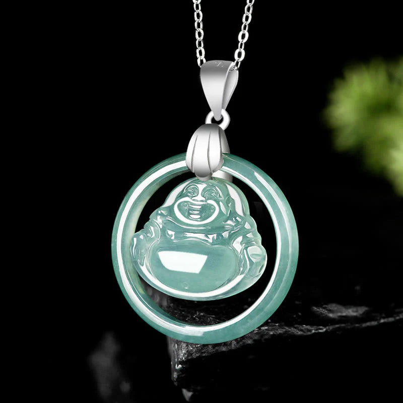 Buddha Stones Natural Jade Round Laughing Buddha Abundance Titanium Steel Chain Necklace Pendant