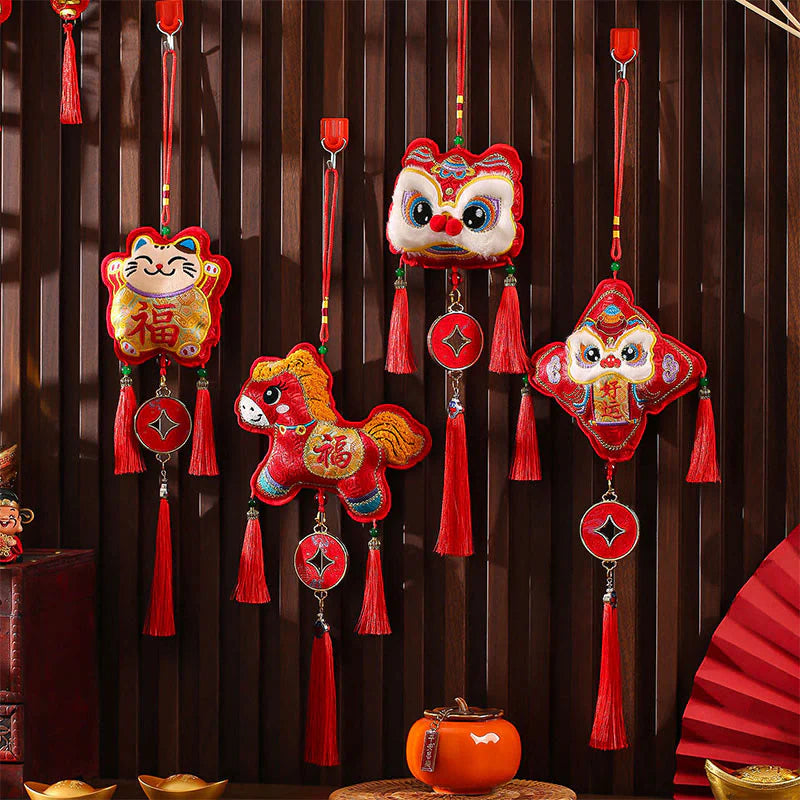 Buddha Stones Embroidery Year Of The Horse Fu Character Copper Coin Shape Red String Hanging Decoration