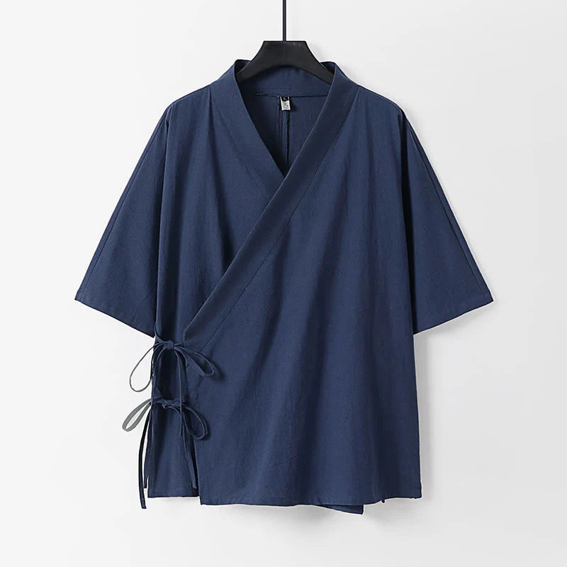Buddha Stones Plain Lace-up Cotton Linen Men's Three Quarter Sleeve Kimono
