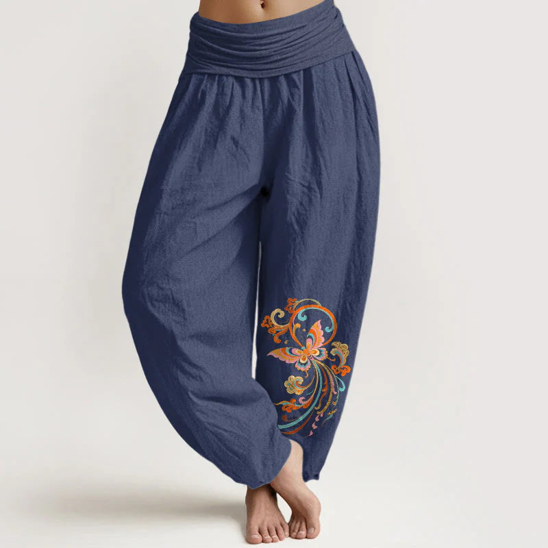 Buddha Stones Cotton Free Butterfly Auspicious Cloud Pattern Women's Elastic Waist Harem Pants