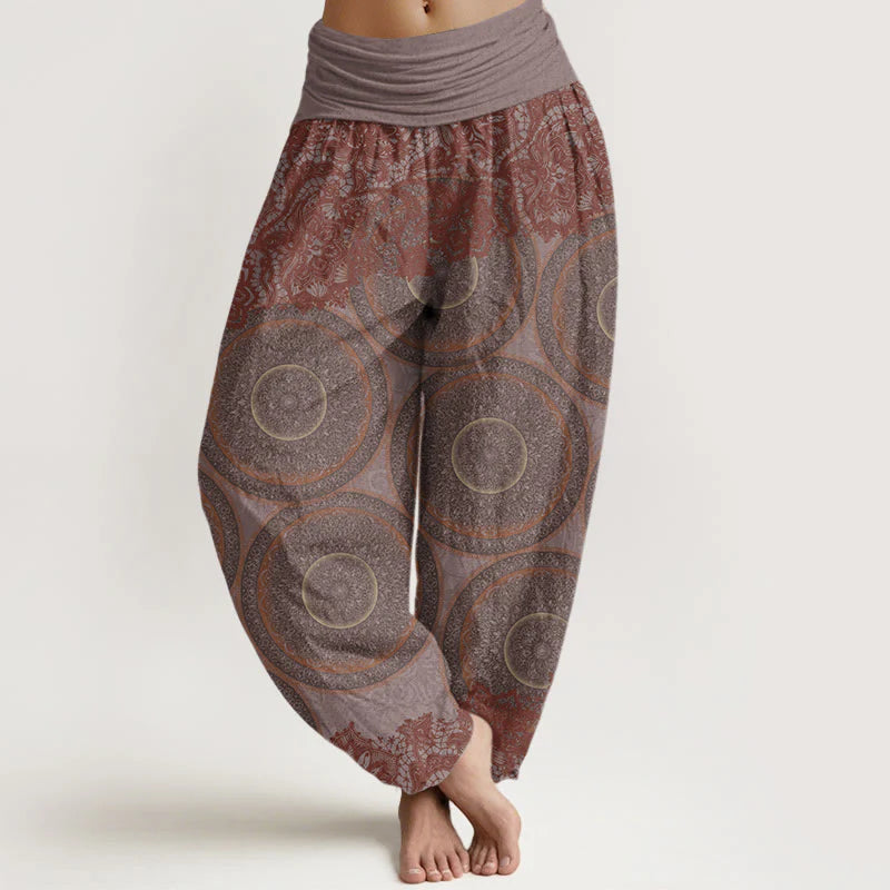 Buddha Stones Cotton Casual Flowers Compass Design Women's Elastic Waist Harem Pants