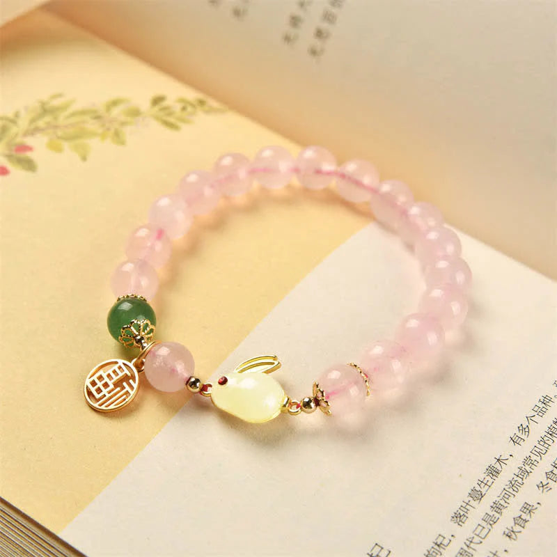 Year of the Rabbit Natural Pink Crystal Green Agate Bunny Love Happiness Bracelet