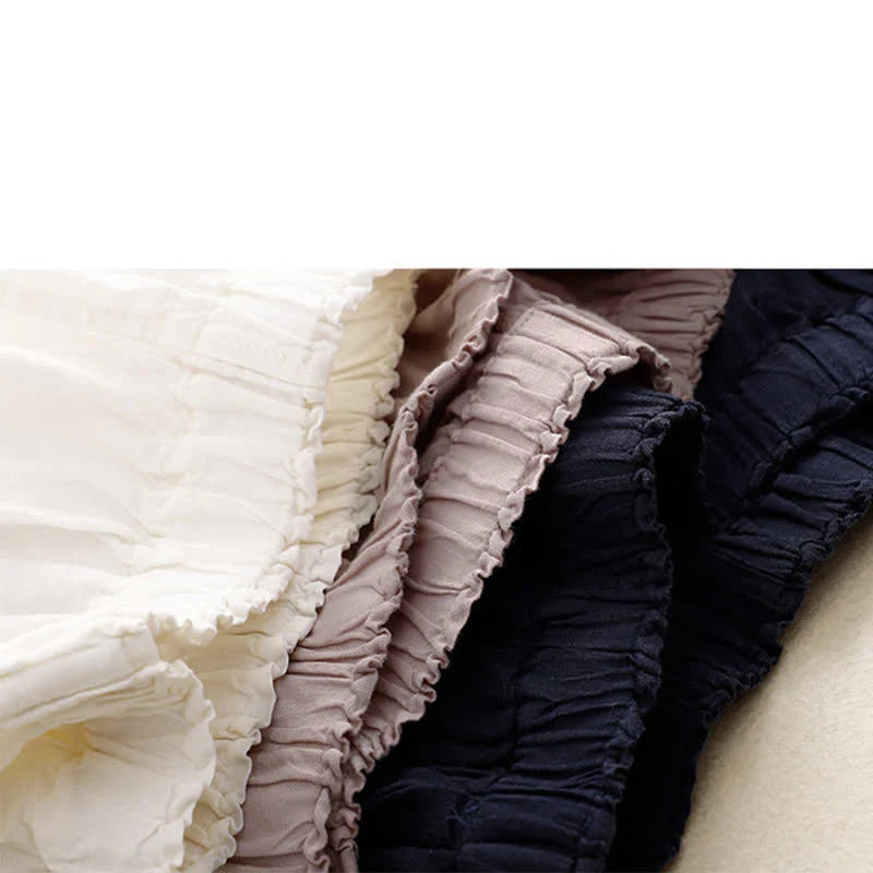 Buddha Stones Spring Elastic Waist Lace Pleated Hem Cotton Women's Pants With Pockets
