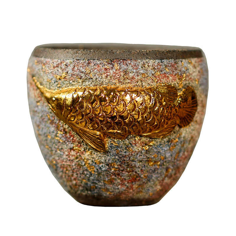 Buddha Stones Golden Arowana Koi Fish Ceramic Teacup Kung Fu Tea Cup
