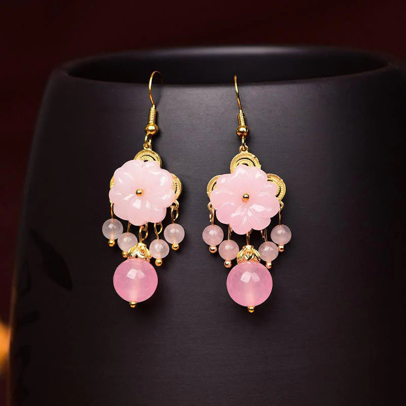 Buddha Stones Green Pink Flower Liuli Glass Drop Earrings