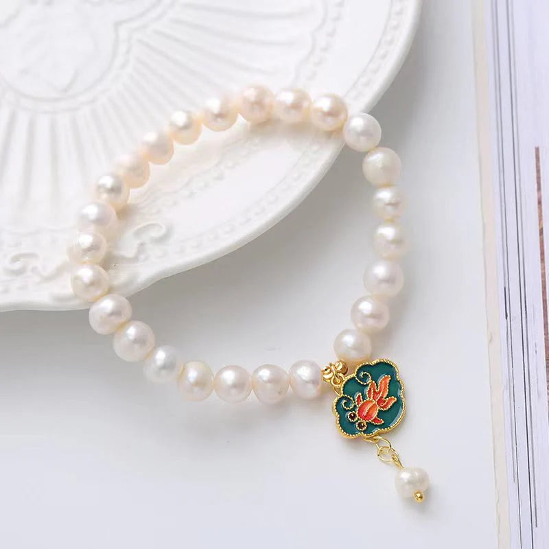 Buddha Stones Natural Pearl Lotus Koi Fish Goldfish Optimism Charm Bracelet