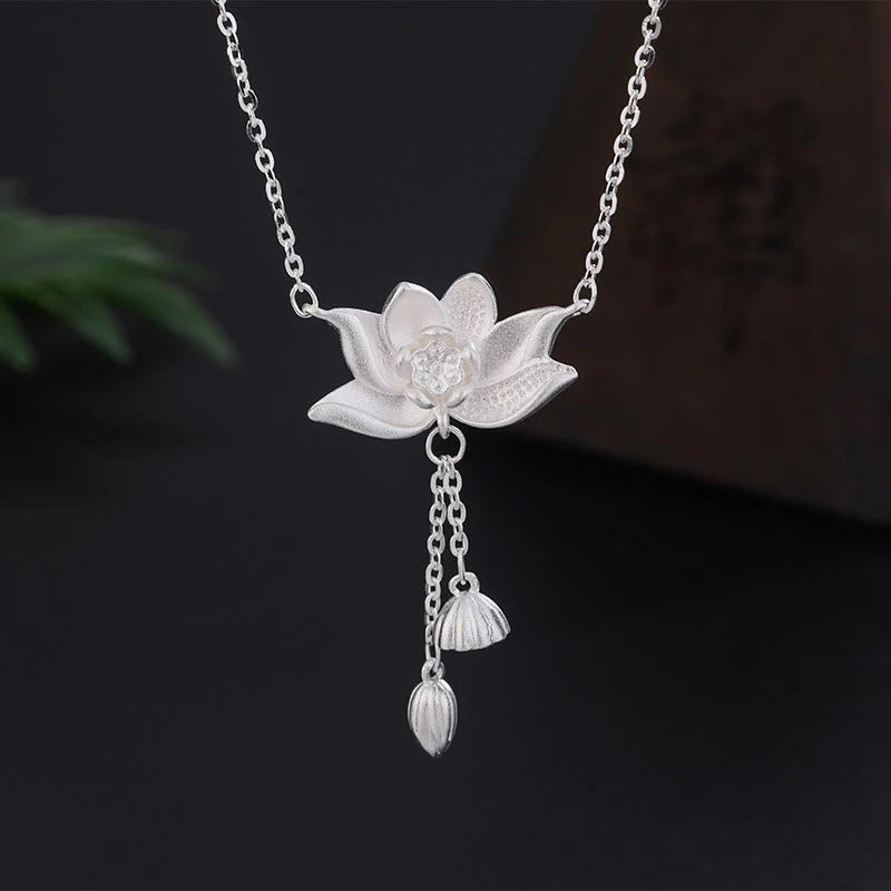 Buddha Stones 999 Sterling Silver Lotus Flower Pod Carved Enlightenment Necklace Pendant