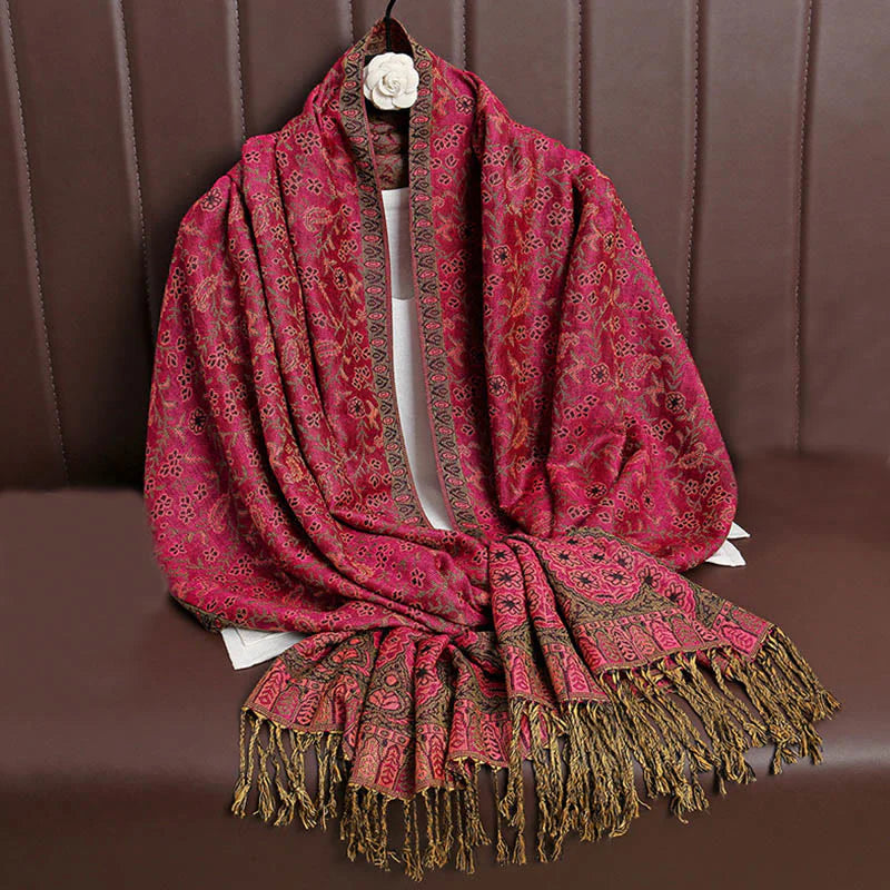 Buddha Stones Tibetan Jacquard Paisley Flower Pattern Color Contrast Design Tassel Cozy Scarf Shawl