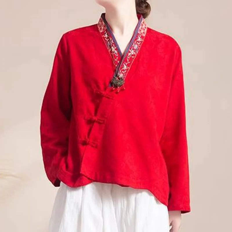 Buddha Stones Embroidered Flowers Grass Frog-Button Long Sleeve Cotton Women's Shirt