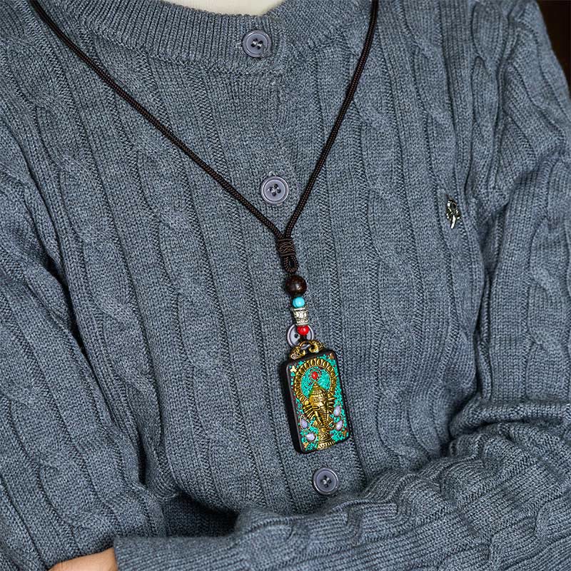 Buddha Stones Tibetan Ganesh Ganpati Elephant Ebony Wood Rope Peace Necklace Pendant