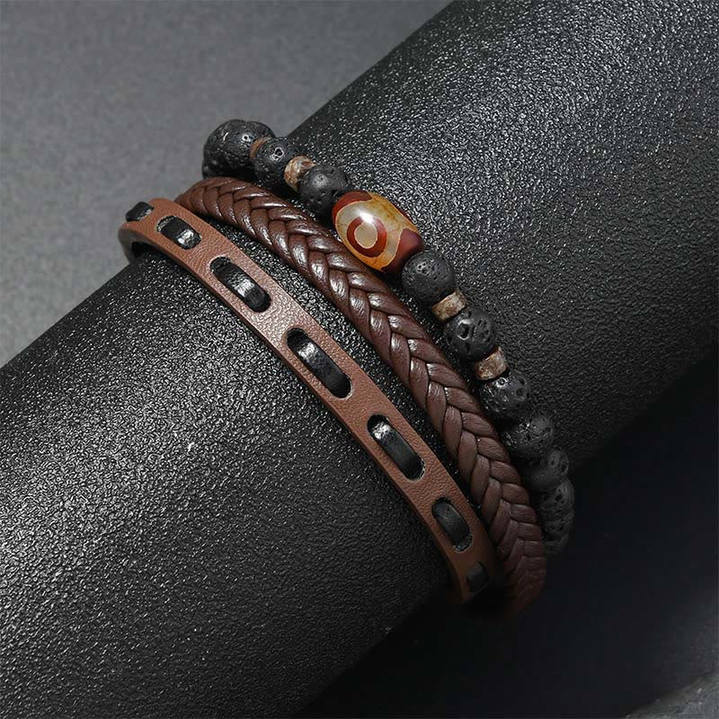 FREE Today: Wealth and Protection Dzi Bead Lava Rock Multilayered Braided Leather Bracelet