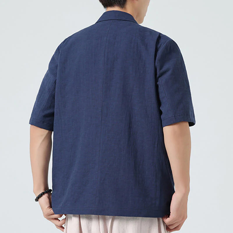Buddha Stones Spring Plain Asymmetrical Lapel Collar Short Sleeve Men's Cotton Linen Shirt With Pockets