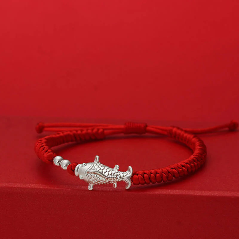 Buddha Stones 999 Sterling Silver Koi Fish Design 990 Sterling Silver Bead Red String Luck Bracelet