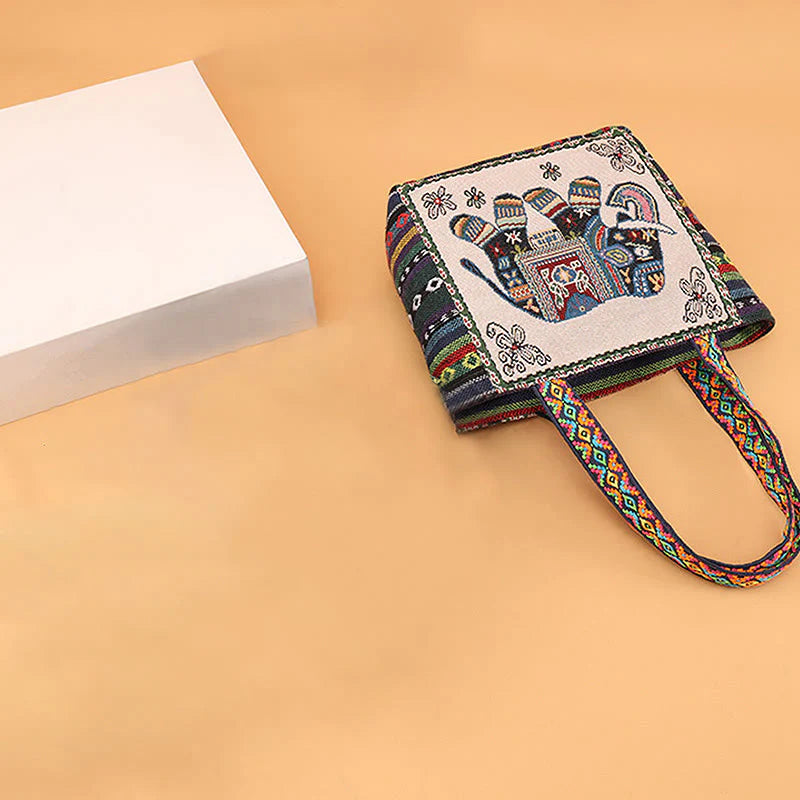 Buddha Stones Elephant Butterfly Embroidered Large Capacity Canvas Tote Bag Shoulder Bag