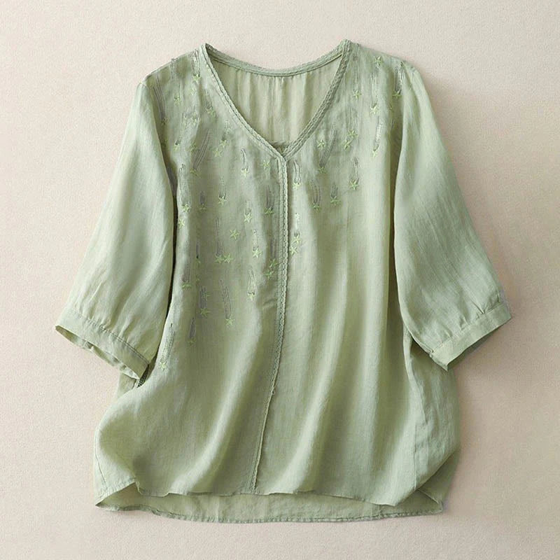 Buddha Stones Casual Shooting Star Embroidery V-Neck Half Sleeve Cotton Linen Women's Shirt