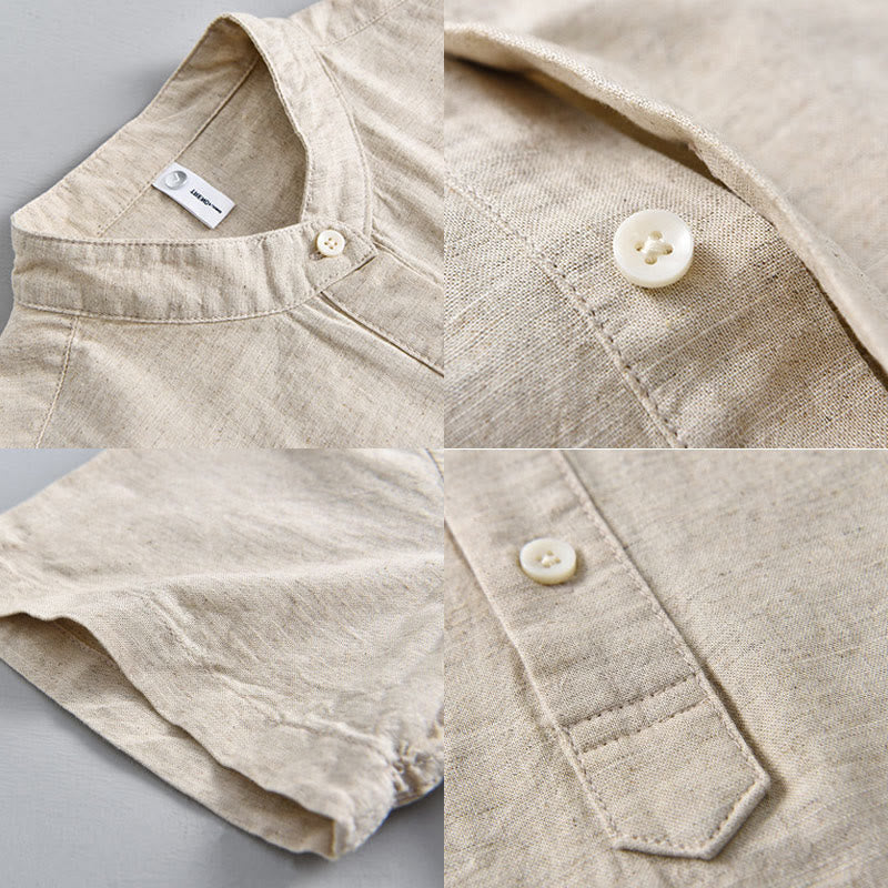 Buddha Stones Summer Solid Color Men's Half Button Short Sleeve Cotton Linen Shirt