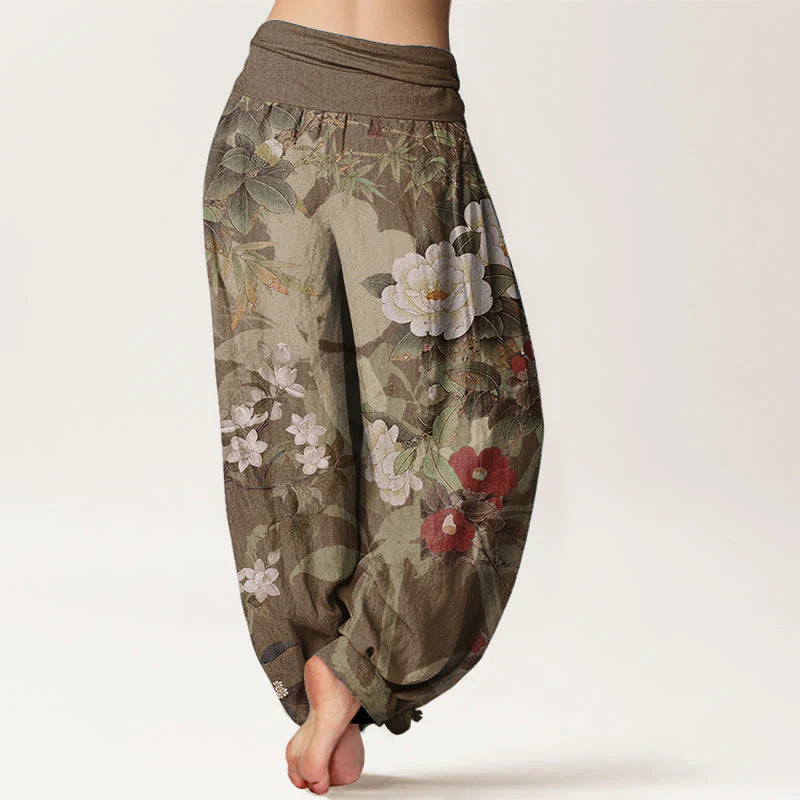 Buddha Stones Pure Cotton Casual Peony Flowers Leaves Magpie Women's Elastic Waist Harem Pants