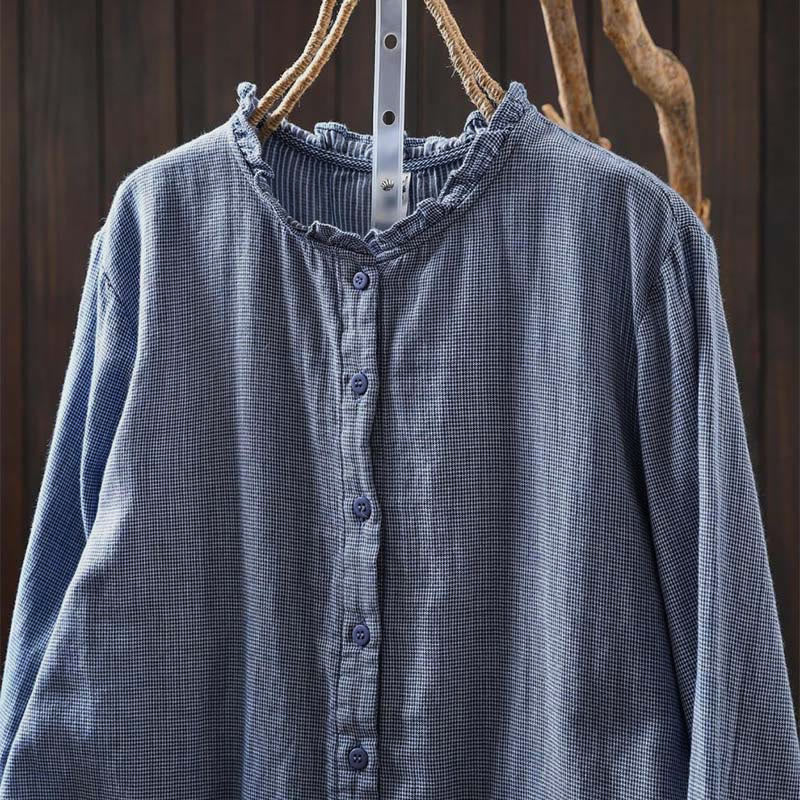 Buddha Stones Fall Small Plaid Button Down Ruffle Collar Long Sleeve Women's Cotton Shirt