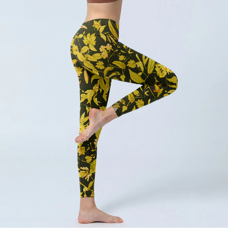 Buddha Stones Luxurious Flower Leaf Bird Pattern Print Gym Leggings Women's Yoga Pants