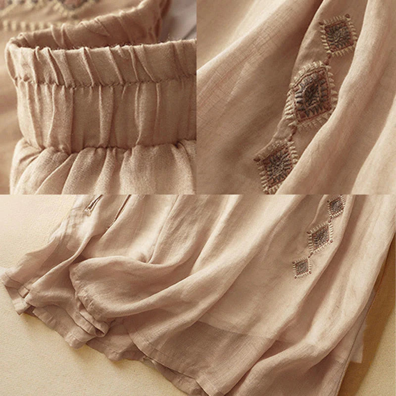 Buddha Stones Ethnic Vintage Embroidery Button Design Women's Cotton Linen 7-8 Length Skirt