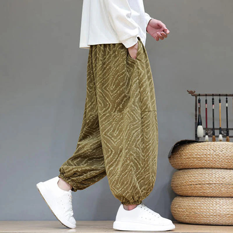 Buddha Stones Fall Texture Drawstring Design Corduroy Cotton Linen Men's Harem Pants With Pockets