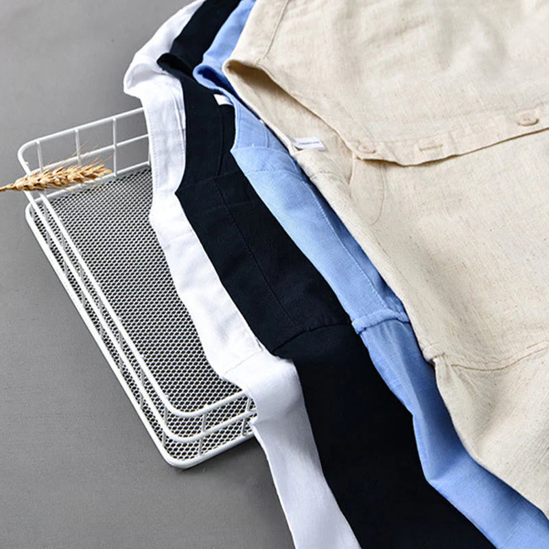 Buddha Stones Men's Spring Pure Color Stand Collar Cotton Linen Long Sleeve Shirt