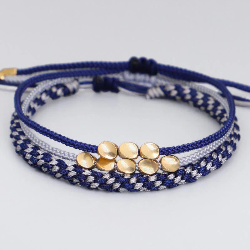 Buddha Stones 3Pcs Blue Gray String Golden Copper Beads Self Care Bracelet