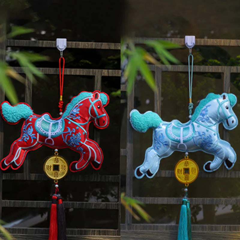 Buddha Stones Year Of The Horse Embroidery Copper Coins Bell Charm Tassel Wealth Success Hanging Decoration