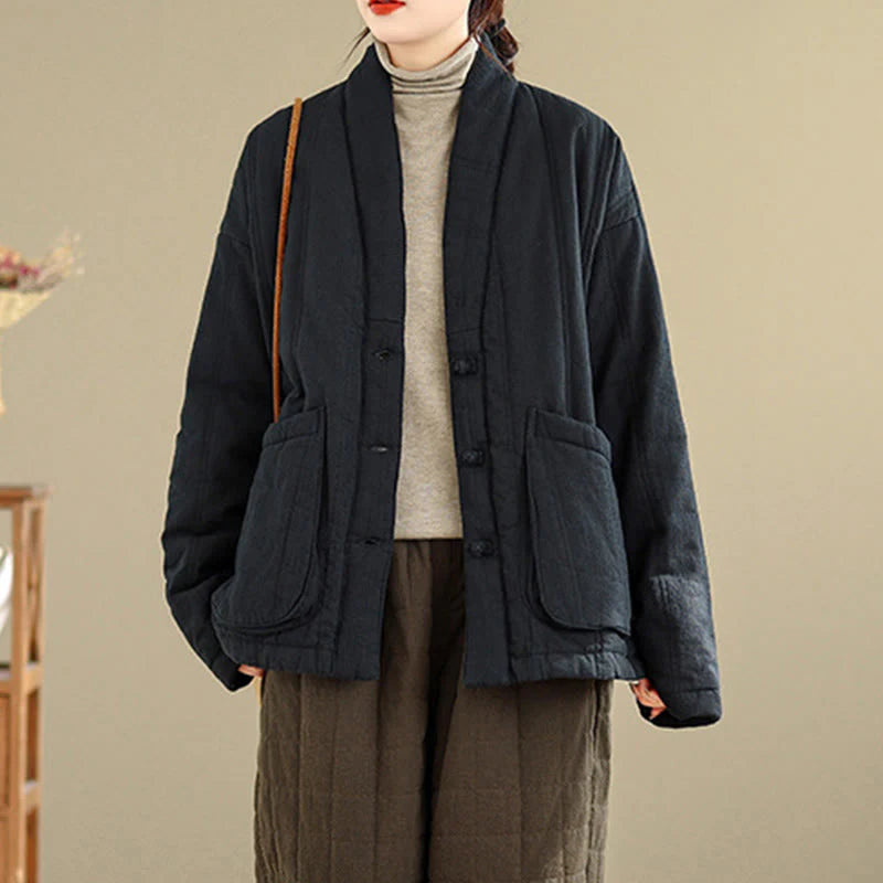 Buddha Stones Winter Solid Long Sleeve Cotton Women's Thermal Jacket With Pockets