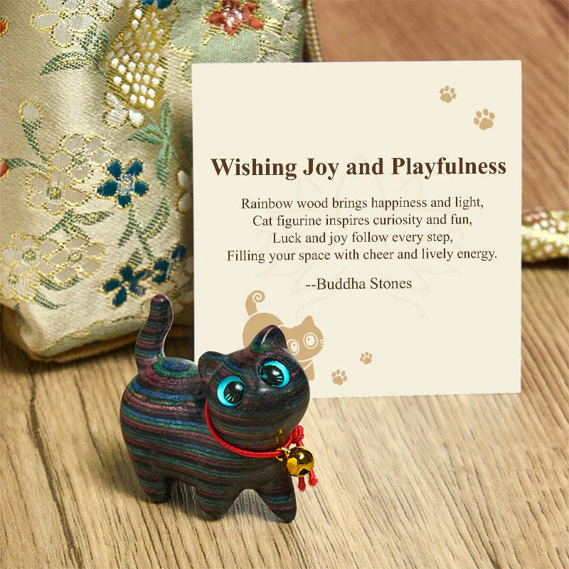 Buddha Stones Wishing Joy and PlayfulnessColored Sandalwood Cat Decor Includes Gift Message Card