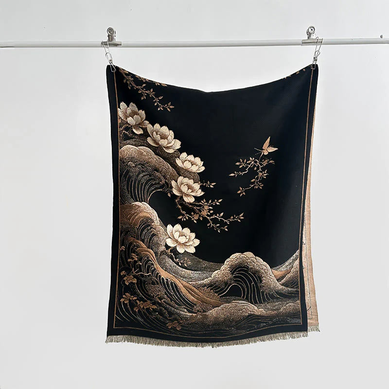 Buddha Stones Fall Lotus Flowers Ocean Waves Pattern Soft Scarf Tassel Shawl