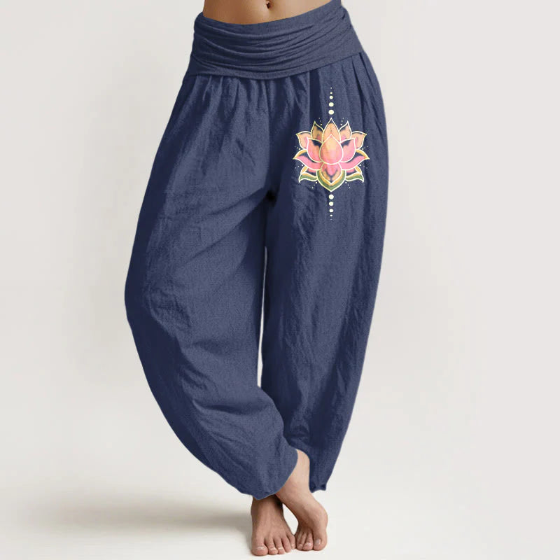 Buddha Stones Pure Cotton Pink Lotus Flower Pattern Women's Elastic Waist Harem Pants